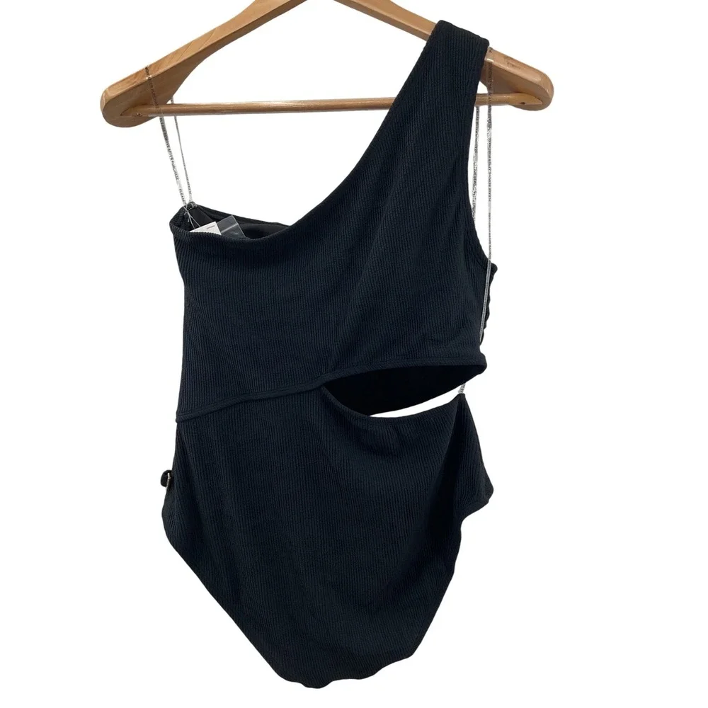 Michael Kors Black One Shoulder Cutout One Piece Swimsuit Belted MM7Y827 Size 14